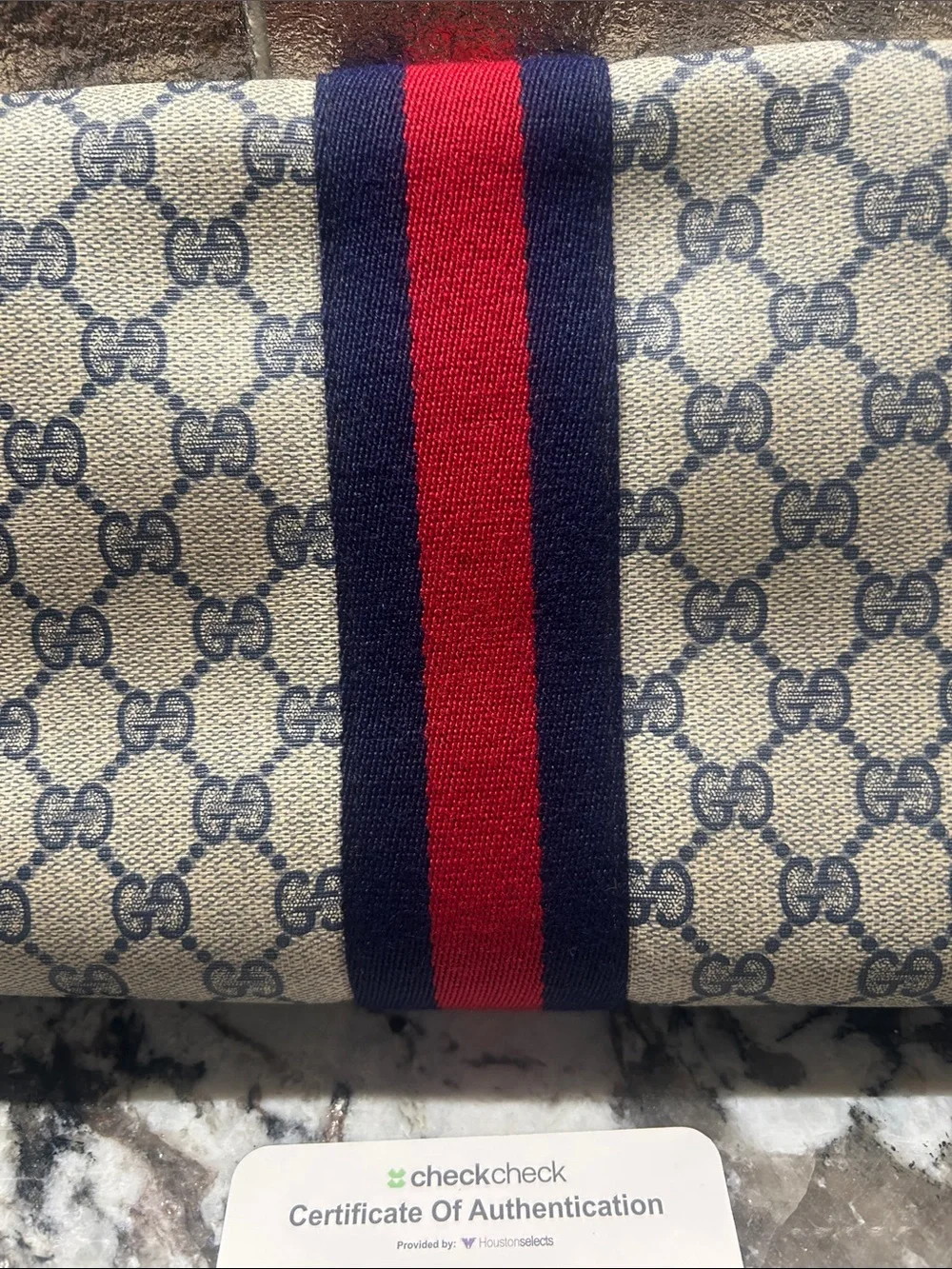 Gucci Beige GG Supreme Vintage Sherry Line Web Stripe Clutch 1980’s with COA